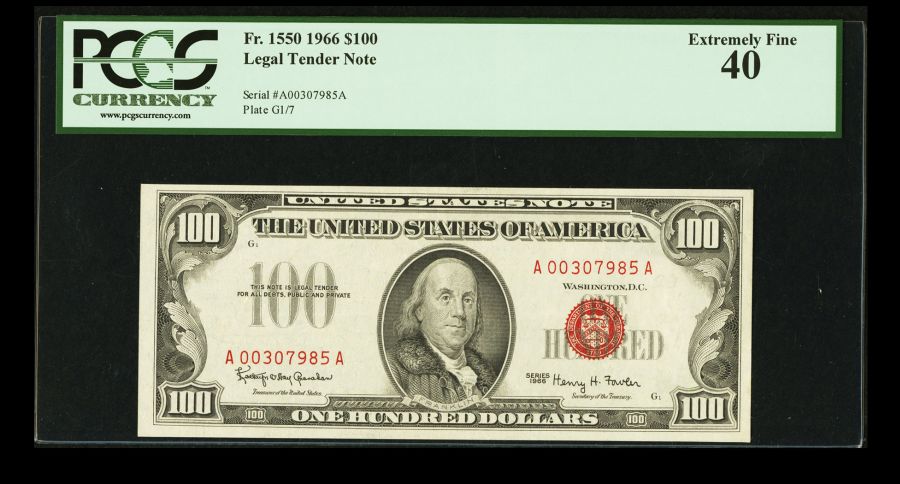 Fr.1550, 1966 $100 Legal Tender Note, A00307985A, XF, PCGS-40